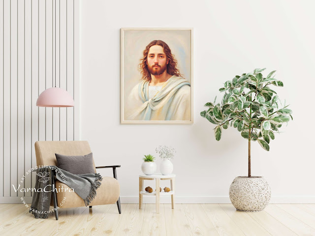 Handsome young Jesus in pastel colors in impasto oil painting style suitable for elegant interiors.  Unique one of a kind Jesus Painting. Large printable Instant download.  Biju P Mathew Varnachitra