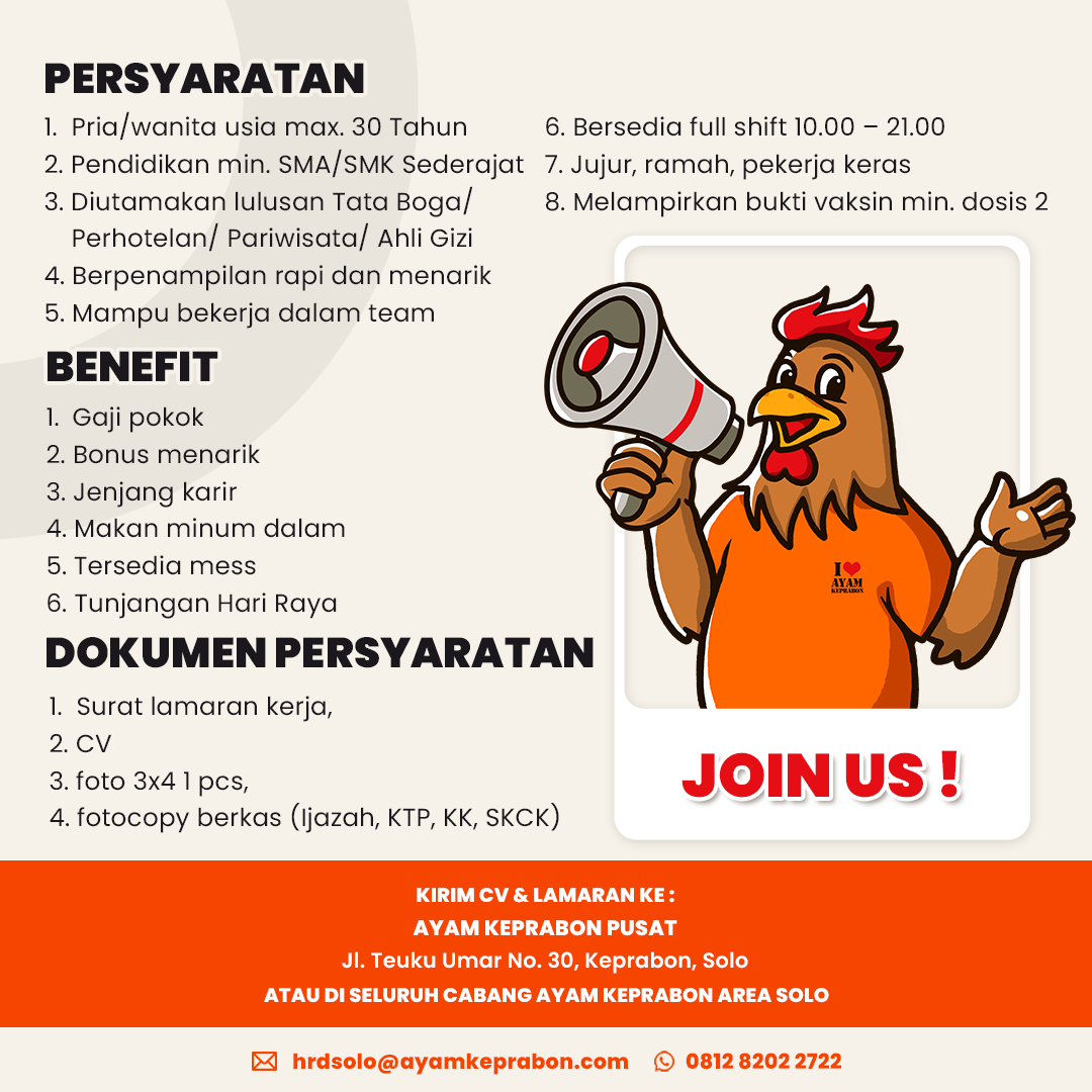 Loker Ayam Keprabon Express Solo Kasir, Waitress, Cook Helper