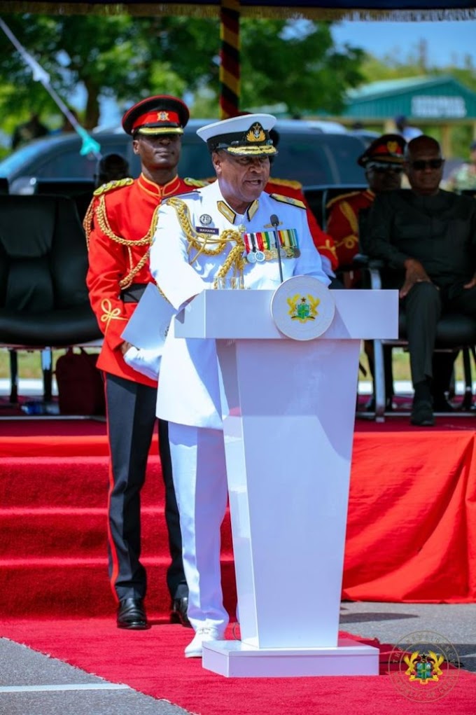 Ghana's President, John Dramani Mahama attends Military Academy graduation; Dressed in white naval uniform 
