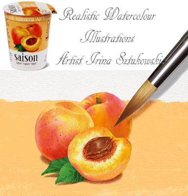 Peach Migros Saison Yogurt with watercolour illustrations by Irina Sztukowski