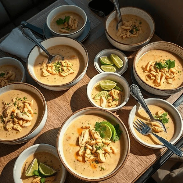 Gourmet White Chicken Chili Dining Spread Overhead view of a stylish dining table spread with multiple bowls of white chicken chili garnished with lime wedges and cilantro