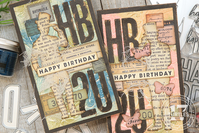 Happy Birthday Cards by Juliana Michaels featuring the Tim Holtz Sizzix 2023 release including Entangled 3D Embossing Folder, Gentlemen Thinlit Dies and Alphanumeric Bulletin Thinlit Dies.