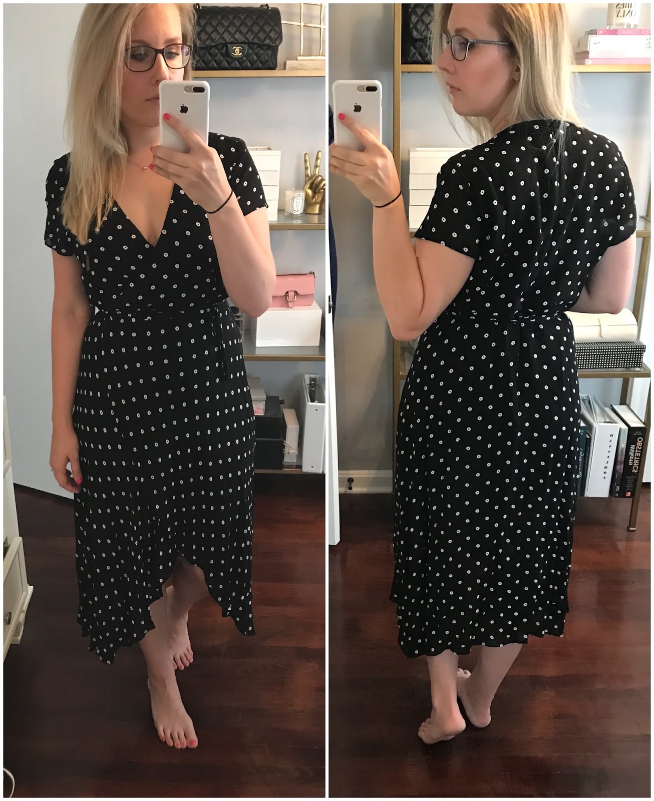  bardot-dotted-faux-wrap-midi-dress