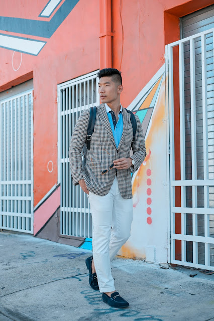 Men's Summer Style, Checked Blazer, Persol Sunglasses, Robert Graham Loafers,  and Uri Minkoff Backpack