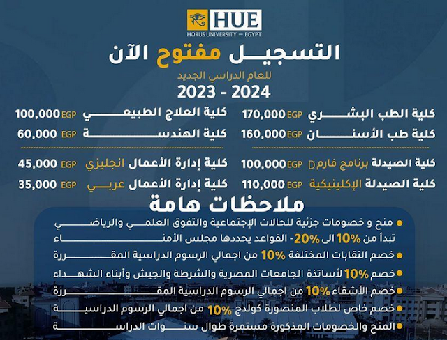 جامعة حورس Horus University الكليات و التقديم و التنسيق و المصاريف و العنوان و الارقام 2023 - 2024