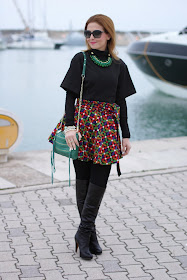 letthemstare.com, Let them stare bow skirt, over the knee boots, colorful skater skirt, Fashion and Cookies, fashion blogger