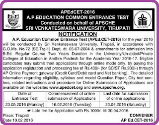 AP Edcet-2016 Notification | AP Education Common Entrance Test Notificatioln-2016 | Sri Venkateshwara University has released EdCet-2016 Notification on Behalf of AP State Council for Higher Education | SVU has issued B.Ed Entrance Test Notification-2016 on behalf of APSCHE http://www.paatashaala.in/2016/02/ap-edcet-2016-education-common-entrance-test-notification-svu-apsche.html