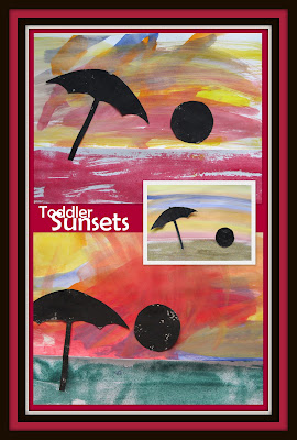 Toddler painting, beach, horizon, sunset, beach umbrella, early childhood