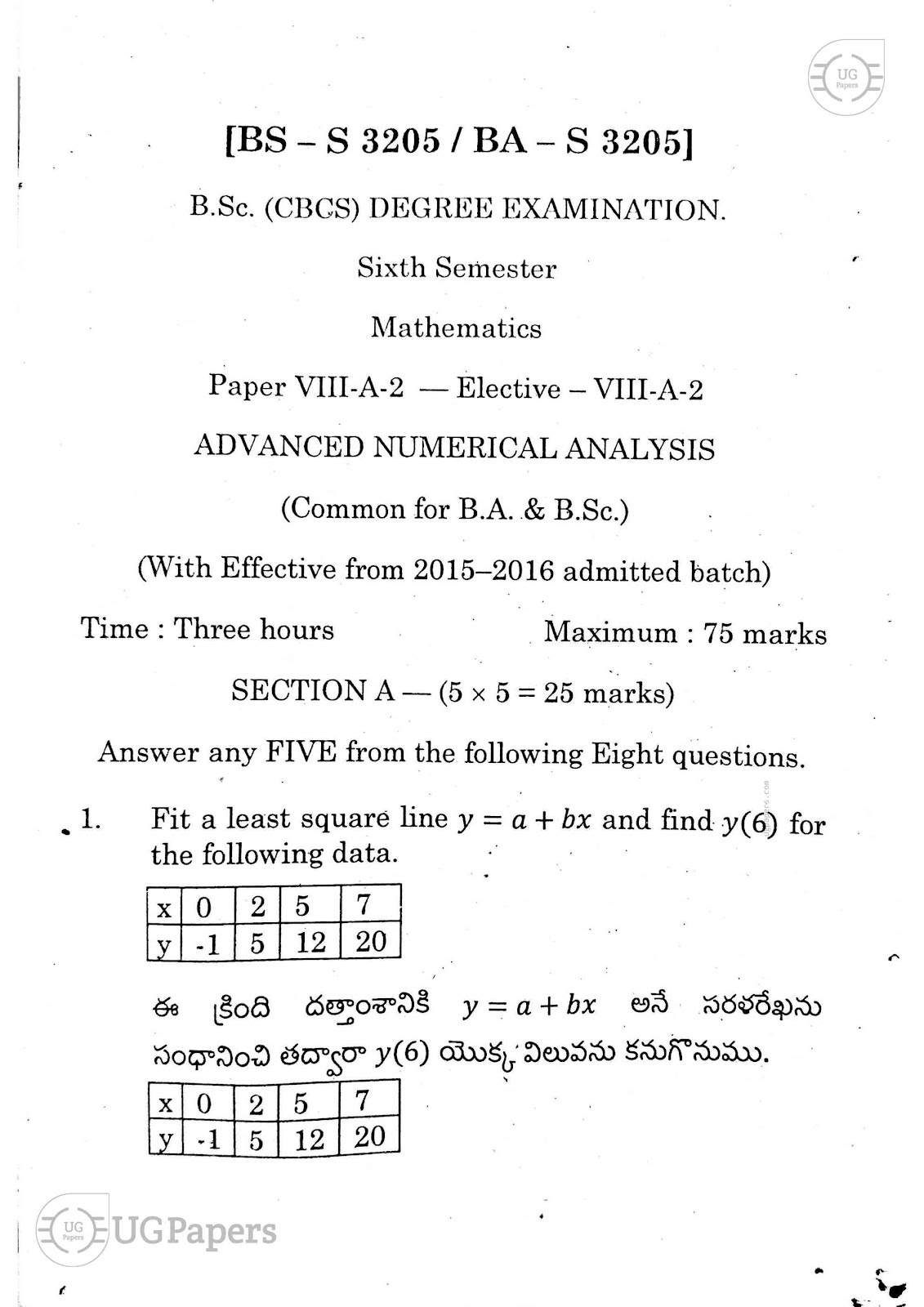 ugpapers.com, Andhra University, Semester 6, Maths cluster-2 8a-2 2020