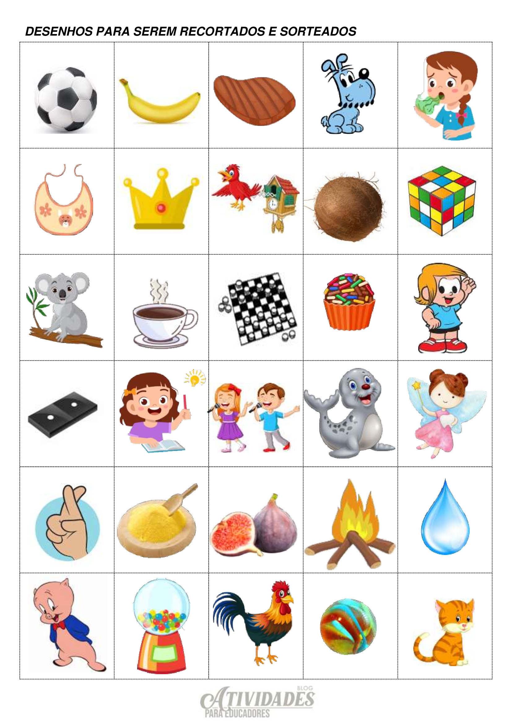Figuras do bingo com palavras que têm B, C, D, F, G