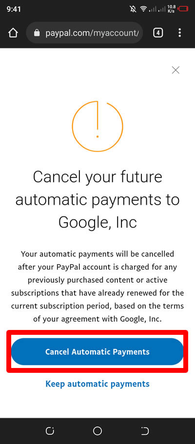 confirm cancelation of google automatic payments in paypal