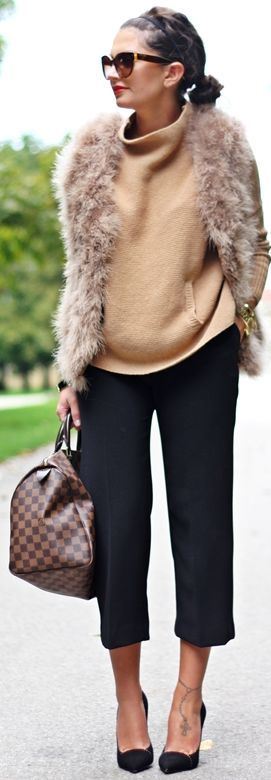 how to style a fur vest : plaid bag + nude sweater + pants + heels