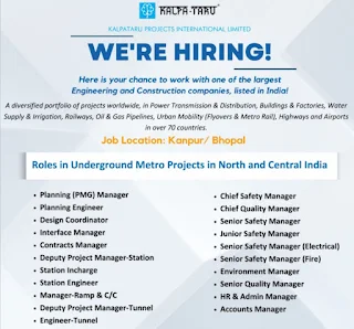 Kalpataru Projects International Limited Recruitment Diploma And Graduates Candidates for Underground Metro Projects in Kanpur and Bhopal Locations