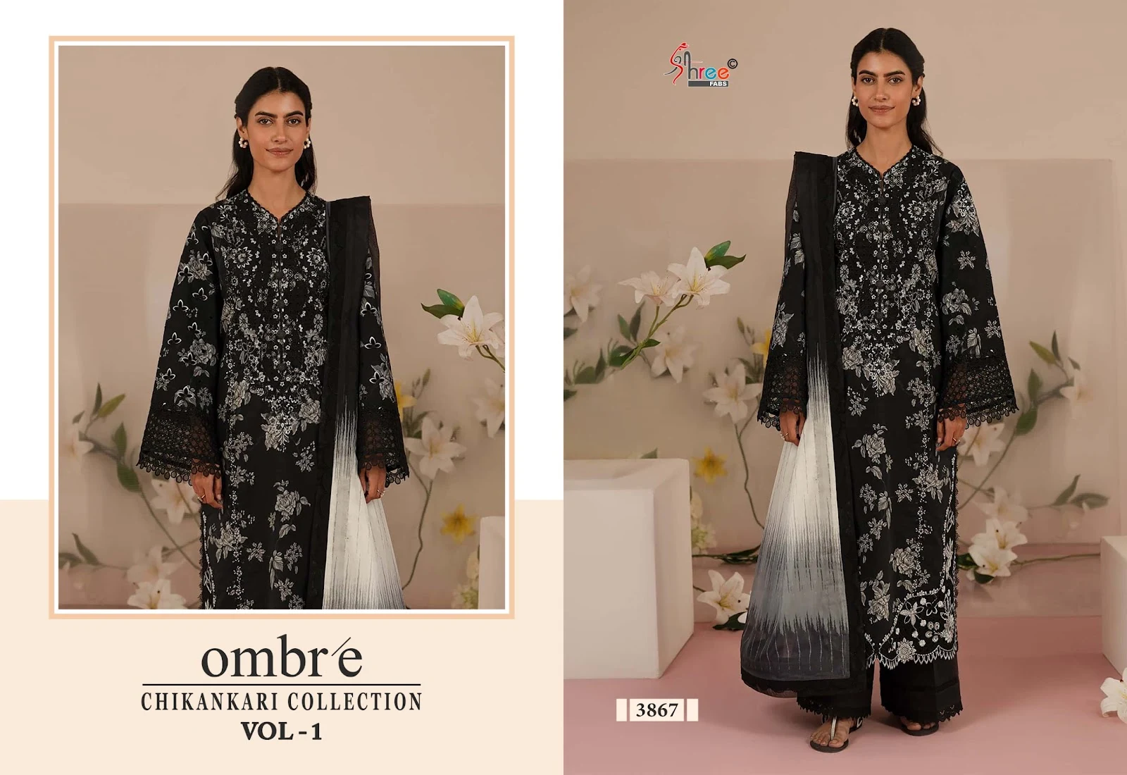 Ombre Vol 1 Chikankari Collection Shree Fabs Cotton Self Embroidery Pakistani Patch Work Suits