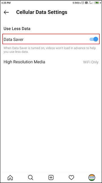 Instagram ,Enable data saver on Instagram app