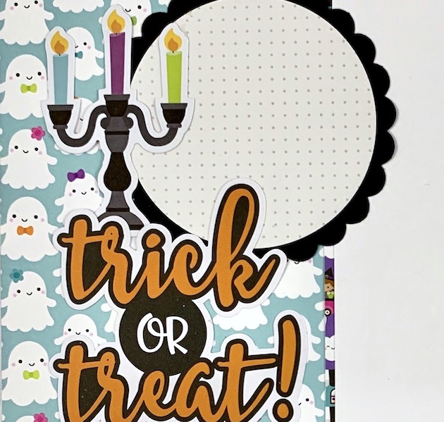 12x12 Halloween Scrapbook Page with ghosts and candelabra