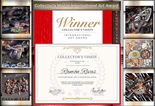 Insignia y Certificado  del Premio Internacional de Arte Collector's Vision otorgado a Ramón Rivas