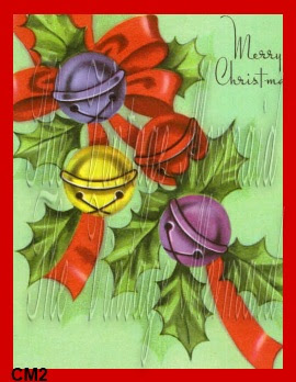 red yellow blue jingle bells on christmas fabric by vintagemermaidsfabricblocks.com