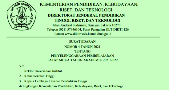 Surat Edaran SE Mendikbudristek Nomor 4 Tahun 2021 Tentang Penyelenggaraan Pembelajaran Tatap Muka Tahun Akademik 2021/2022