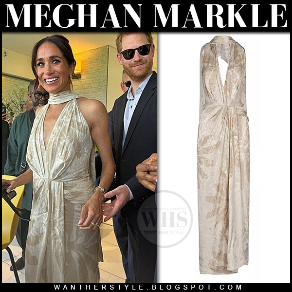 Meghan Markle in beige metallic sleeveless draped dress