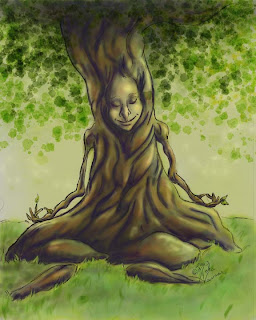 Meditation tree spirit digital painting in golden greens and brown