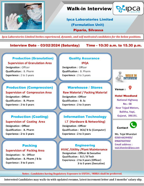 Ipca Laboratories Walk In Interview For Production/ QA/ QC/ Packing/ Engineering/ IT/ Warehouse
