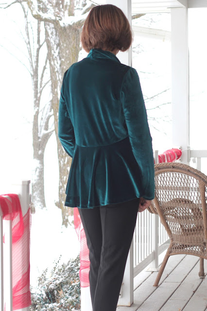 Style Maker Fabrics' Stretch Velvet for a cardigan using McCall's 6996- back peplum