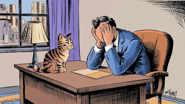 A man sitting on a chair with his hand on his head in extreme confusion, and a cat looking at him in surprise