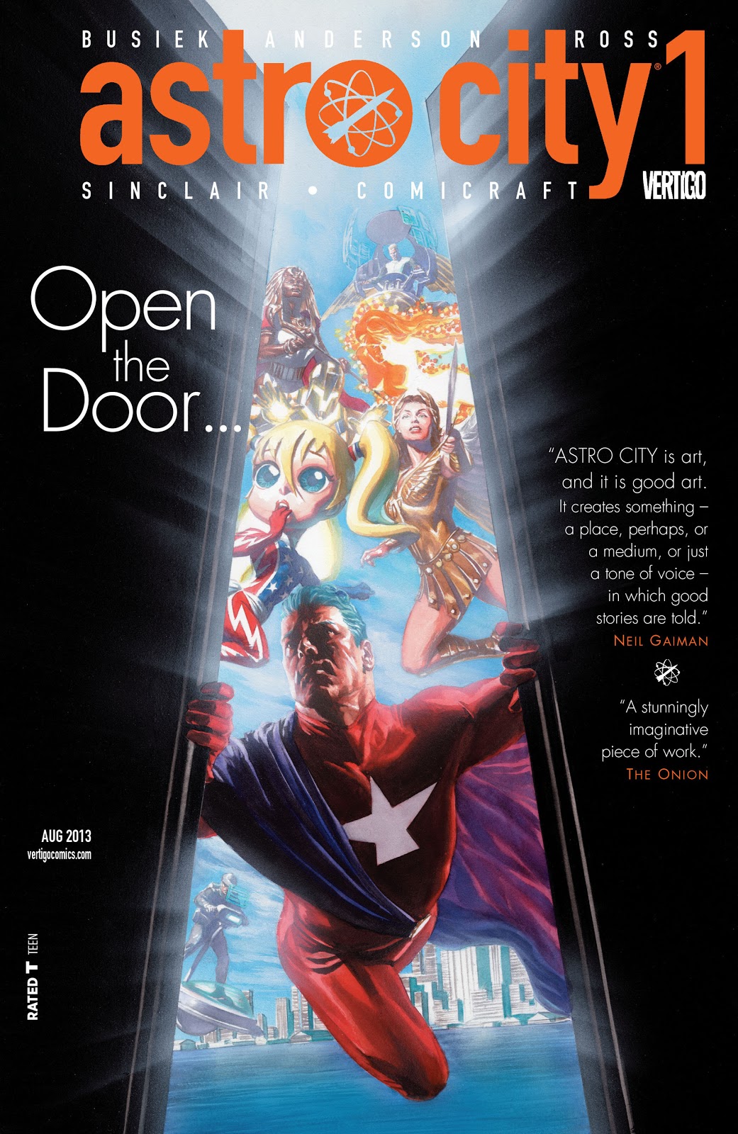 Samaritan opening doors leading to reader's POV, other superheroes behind him