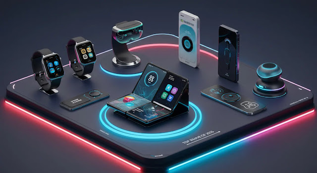 Una muestra de tecnología futurista que presenta los 10 gadgets imprescindibles de 2025. La imagen incluye relojes inteligentes, gafas de realidad aumentada (RA), smartphones plegables, asistentes con IA y otros dispositivos de vanguardia, presentados en una elegante superficie de alta tecnología con iluminación de neón.