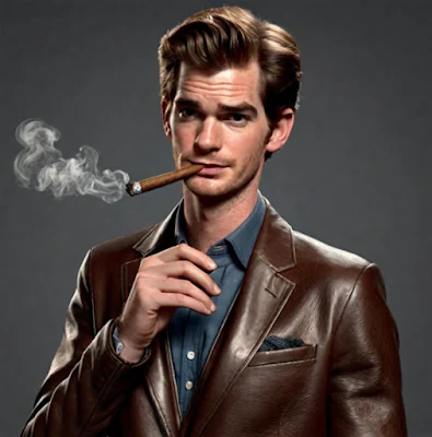 A cartoon like Andrew Garfield with a cigar in his mouth and a brown leather blazer from the chest up