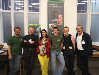 Left to right: Matt Williams (Mastercrafts thatcher), Andy Oldfield (Mastercrafts stonemason), Sophie Hussain (Mastercrafts stained glass artist), Dave Bragg (Mastercrafts thatcher), Robin Wood (HCA Chair) and Guy Mallison (Mastercrafts greenwood worker).