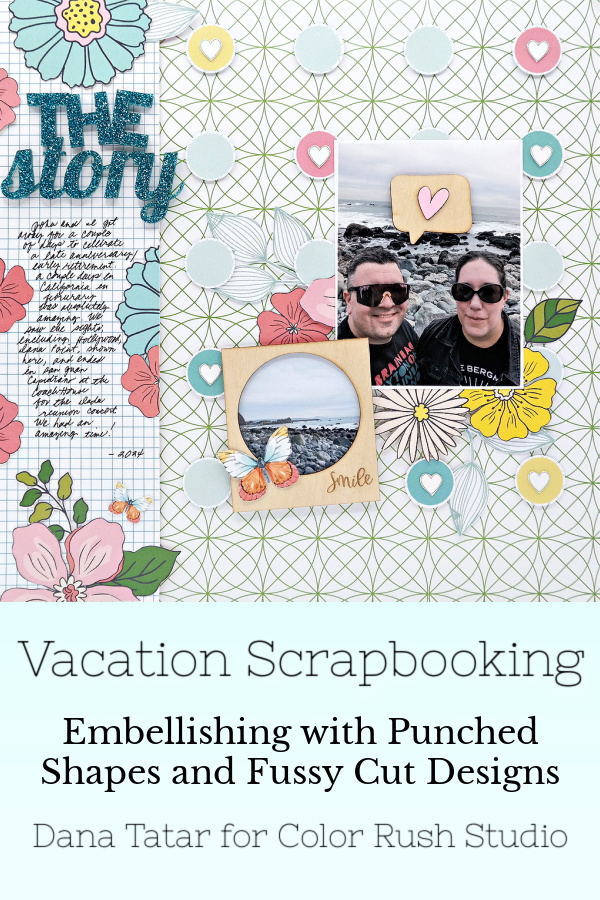 Vacation scrapbook layout with DIY punched circles and fussy cut paper embellishments created with the exclusive Color Rush Studio May Color Club Kit.