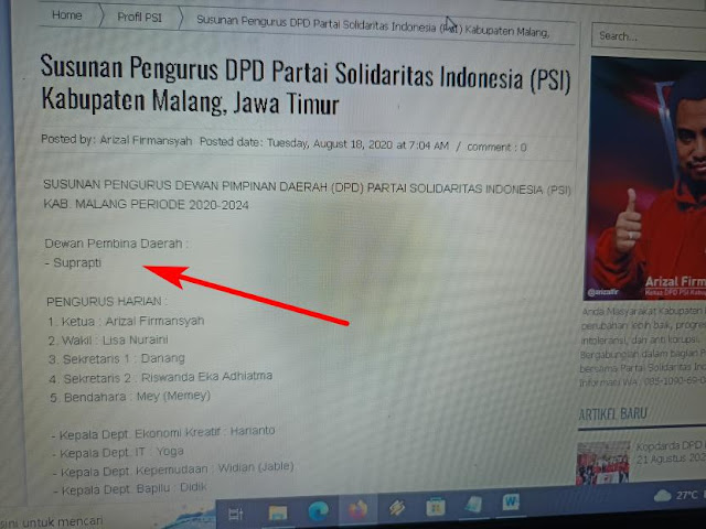 Setelah Terbongkar sosok penjual dawet... Jabatan Suprapti di laman resmi DPD PSI Kabupaten Malang kini sudah dihapus