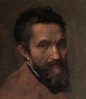  quadro com a face de Michelangelo em um fundo marrom e ele com cabelos e barba preta   