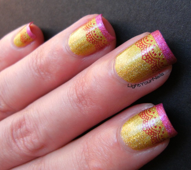 Holographic yellow and pink french mani with romantic laces from BornPrettyStore