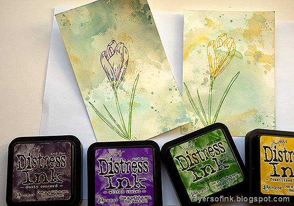 Layers of ink - Crocus in Watercolor and Pencil Tutorial by Anna-Karin Evaldsson. With Simon Says Stamp Thoughtful Flower stamp. Stamp the crocus with Distress Ink.