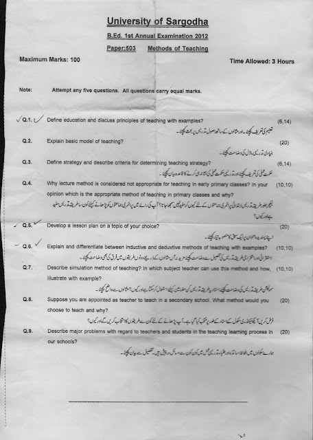 University of Sargodha  Past paper B. Ed. First (1st) Annual 2012  Paper Code 501  Subject: METHODS OF TEACHING