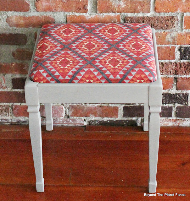 fusion mineral paint, piano stool, makeover, Waverly fabric, reupholstered, http://bec4-beyondthepicketfence.blogspot.com/2016/03/paint-makeover.html