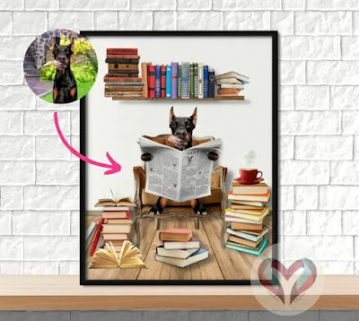Dobermann-Hund liest Bücher. Intellektueller Hund.