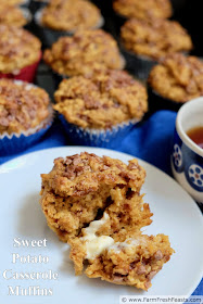 Sweet Potato Casserole muffins combine roasted sweet potatoes and cinnamon chips in a wholesome whole grain treat. These muffins would be terrific for a holiday breakfast or a quick sweet bread alongside a holiday dinner--plan ahead and bake an extra sweet potato to make them!