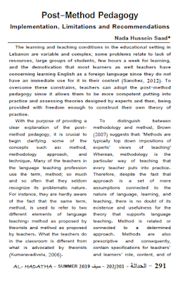 Post-Method Pedagogy Implementation, Limitations and Recommendations Nada Hussein Saad مجلة الحداثة عدد 201/202 - صيف 2019