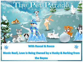 Winter scene on Pet Parade blog hop badge with cartoon dogs and cats