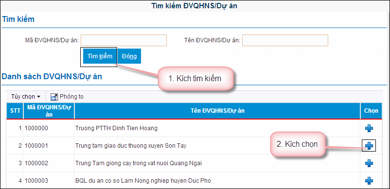 Hình 4. Chọn mã ĐVQHNS/ Dự án