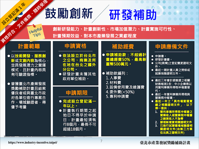 台北市政府創業補助計畫之研發補助