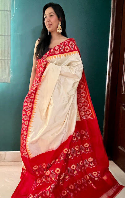 Lush red and pearl white silk pochampally saree