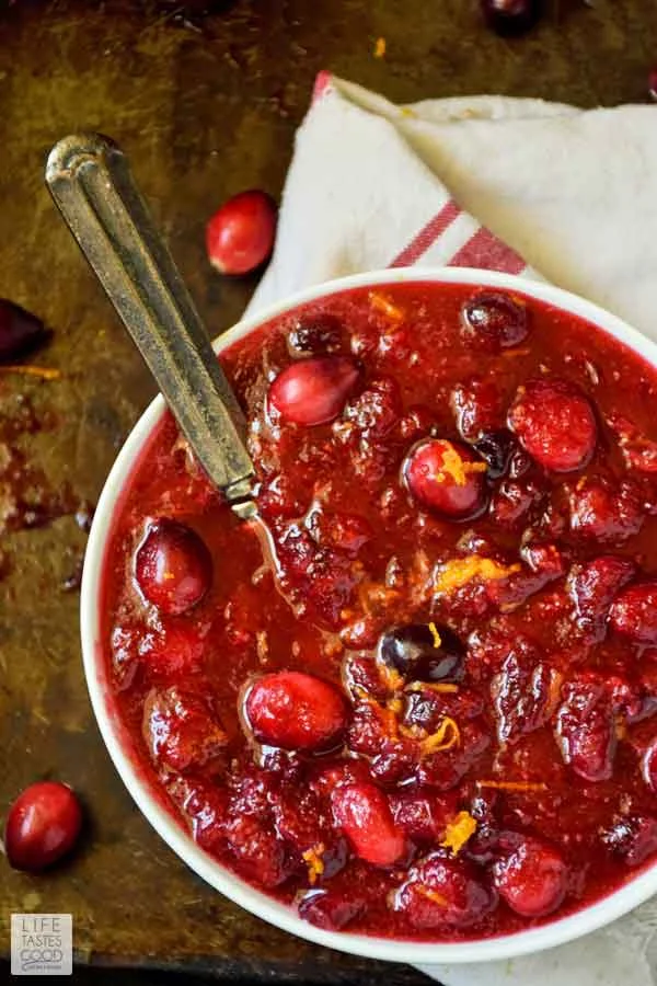 Top view looking down at a bowl full of the best cranberry sauce recipe