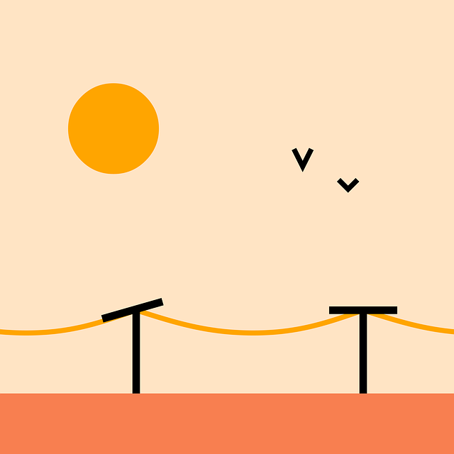 An artsy minimalist-looking illustration of telegraph poles and a large hot sun