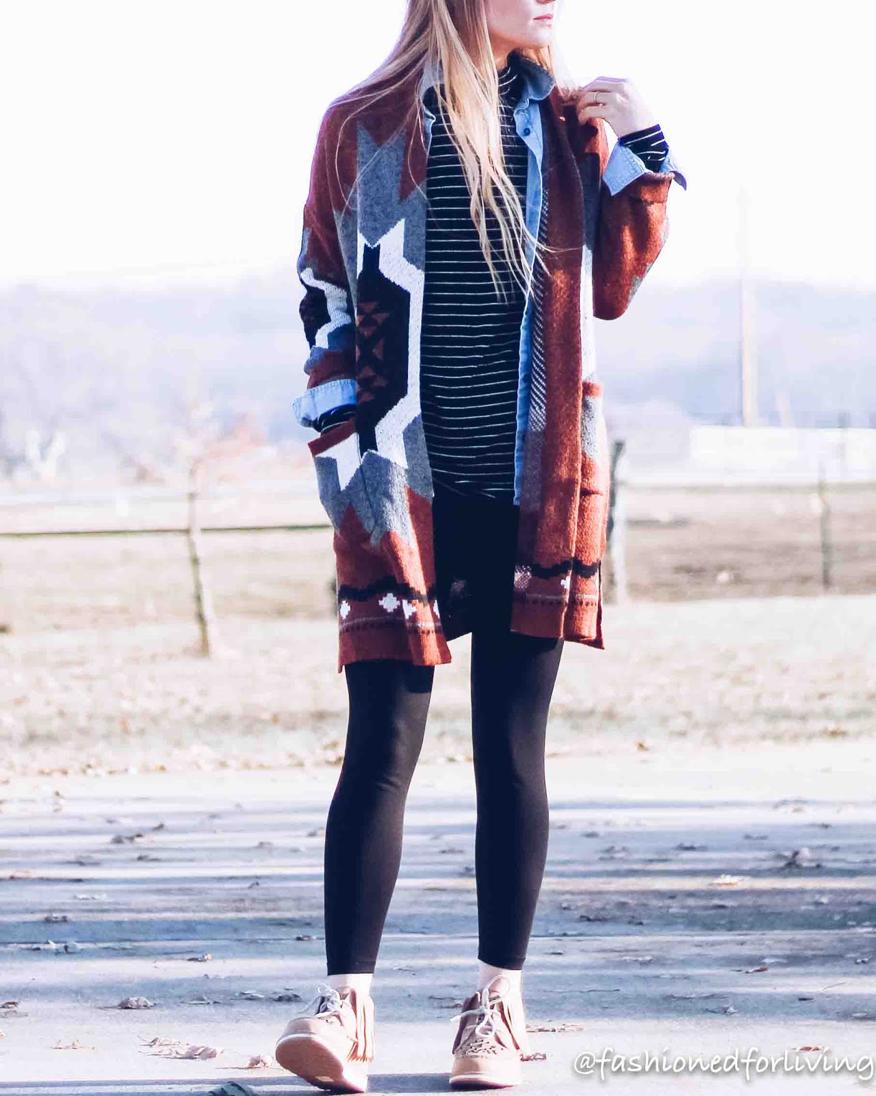 Fashioned For Living: tribal print cardigan outfit with leggings