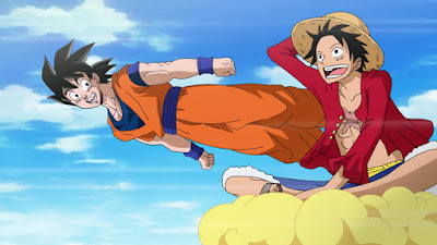 Luffy terbang dengan awan Kinton bersama Son Goku